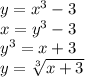 y=x^3-3\\x=y^3-3\\y^3=x+3\\y= \sqrt[3]{x+3}