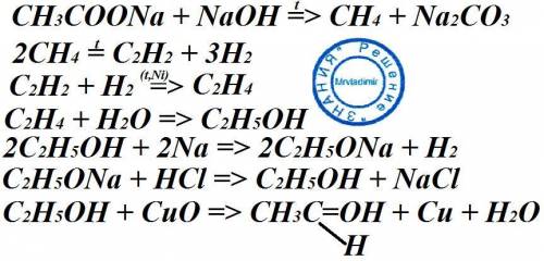 Нужна осуществите цепочку превращений : ацетат натрия --> ацетилен--> этилен --> этанол--&g