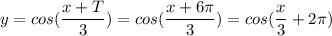 y = cos( \dfrac{x+T}{3}) = cos (\dfrac{x+6\pi}{3}) =cos (\dfrac{x}{3}+2\pi)