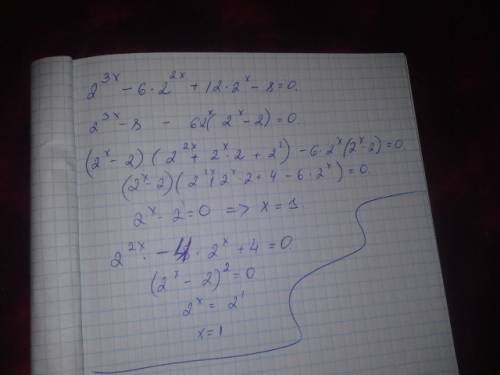 2^3x-6*2^2x+12*2^x-8=0 не понятно с него начинать,пробовал делить на 2 в высшей степени, и нельзя ра