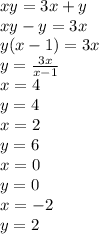 xy=3x+y\\&#10;xy-y=3x\\&#10;y(x-1)=3x\\&#10;y=\frac{3x}{x-1}\\&#10;x=4\\&#10;y=4\\&#10;x=2\\&#10;y=6\\&#10;x=0\\&#10;y=0\\&#10; x=-2\\&#10; y=2&#10;