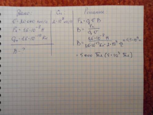 Определите индукцию магнитного поля , если протон влетает со скоростью 20000 км/c , причем на протон