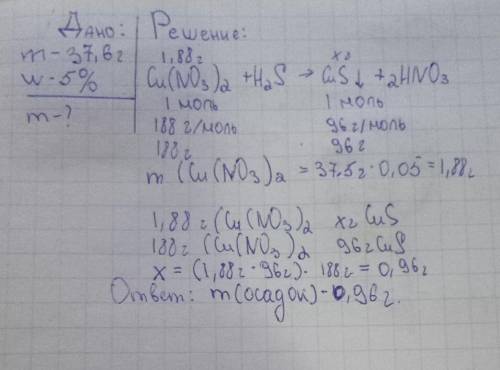 Через раствор нитрата меди(ii) массой 37,6 г и массовой долей 5% пропустили избыток сероводорода. вы