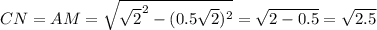 CN=AM=\sqrt{ \sqrt{2}^2-(0.5\sqrt{2})^2} = \sqrt{2-0.5}=\sqrt{2.5}\\&#10;