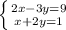 \left \{ {{2x-3y=9} \atop {x+2y=1}} \right.