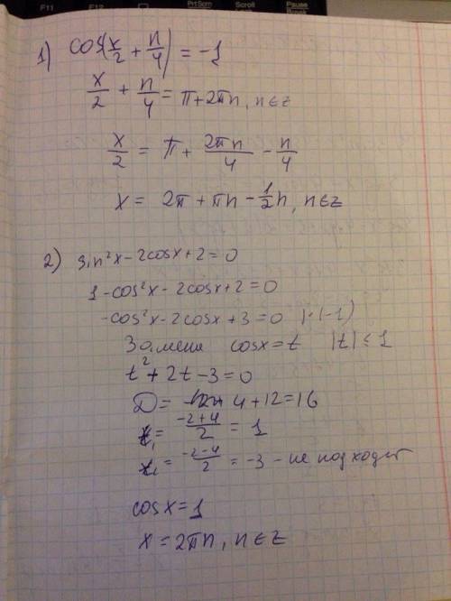 1.cos(x/2+n/4)+1=0 2.sin^2x-2cosx+2=0 3.sinx cosx+2sin^x-cos^2x=0 4.3sin^2x-4sin sosx+5cos^2x=2 5.si