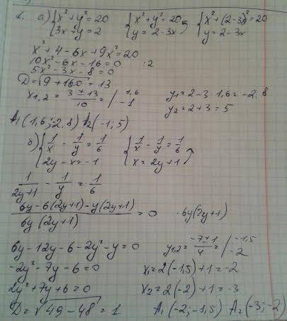 Решите систему уравнений методом подстановки а)x^2+y^2=20 б)1/x-1/y=1/6 3x+y=2 2y-x=-1 решите систем