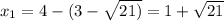 x_{1} =4-(3- \sqrt{21)} =1+ \sqrt{21}