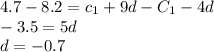 \displaystyle 4.7-8.2=c_1+9d-C_1-4d\\-3.5=5d\\d=-0.7