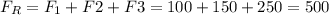 F_{R}=F_{1}+F{2}+F{3}=100+150+250=500Н