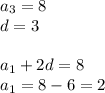 a_{3}=8\\ &#10;d=3\\&#10;\\&#10;a_{1}+2d=8\\&#10;a_{1}=8-6=2\\&#10;\\&#10;