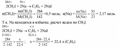 Какой объем этана можно получить при взаимодействии хлорметана массой 284г. с натрием с массой 50г.?