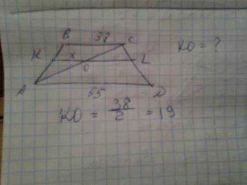 Основание трапеции равны 55 и 38 найдите меньший из отрезков на которые делит средннюю линию одна из