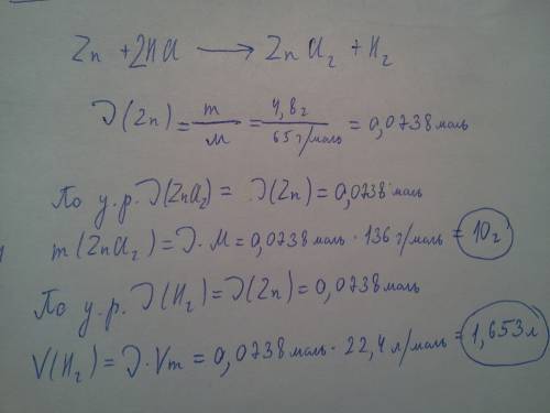 Zn массой 4,8 г прореагировал с hcl. вычислить: а) v(h2) = ? б) m (zncl2) = ?