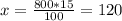 x= \frac{800*15}{100} =120