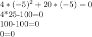 &#10;4*(-5) ^{2}+20*(-5)=0&#10;&#10;4*25-100=0&#10;&#10;100-100=0&#10;&#10; 0=0