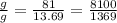 \frac{g_{З} }{g_{Л} } = \frac{81}{13.69} = \frac{8100}{1369}