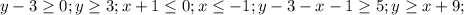 y-3\geq 0;y\geq 3;x+1\leq0;x\leq -1;y-3-x-1 \geq 5;y \geq x+9;