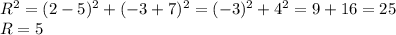 R^2=(2-5)^2+(-3+7)^2 = (-3)^2+4^2=9+16=25\\R=5