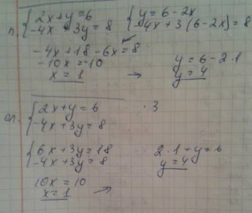 Решить уравнение методом подстановки и методом сложения {2х+у=6, {-4х+3у=8.