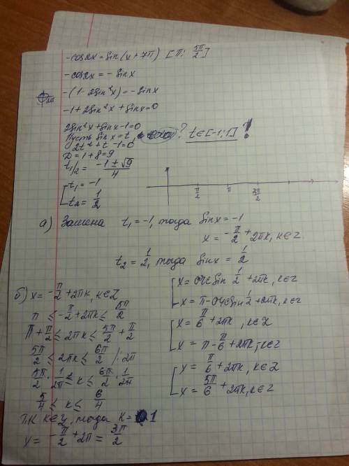 A) -cos2x=sin(x+7п) решить уравнение б) найти корни уравнения принадлежащие отрезку [п; 5п/2] решить