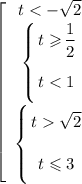 \left[\begin{array}{ccc}t < -\sqrt{2}\\\left \{ {\bigg{t \geqslant \dfrac{1}{2} } \atop \bigg{t < 1}} \right. \\\left \{ {\bigg{t \sqrt{2}} \atop \bigg{t \leqslant 3}} \right.\end{array}\right