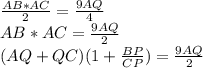 \frac{AB*AC}{2}=\frac{9AQ}{4}\\&#10;AB*AC=\frac{9AQ}{2}\\&#10;(AQ+QC)(1+\frac{BP}{CP})=\frac{9AQ}{2}\\&#10;