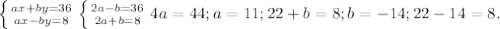 \left \{ {{ax+by=36} \atop {ax-by=8}} \right. \left \{ {{2a-b=36} \atop {2a+b=8}} \right. 4a=44; a=11; 22+b=8; b=-14; 22-14=8.