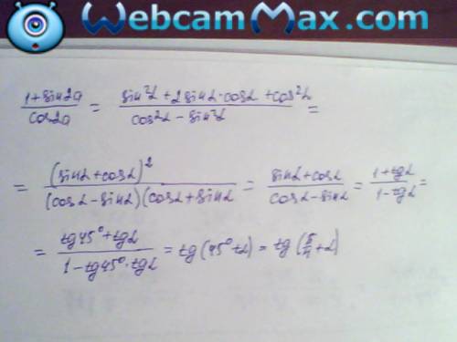 Докажите тождество: 1+sin2a/cos2a=tg(п/4+а)