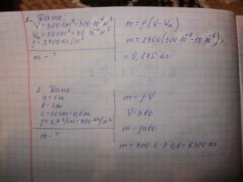 1.яка маса алюмінієвої деталі об'ємом 300 см3, якщо вона має порожнину, об'єм якої 50 см3? густина а