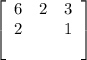 \left[\begin{array}{ccc}6&2&3\\2&&1\\&&\end{array}\right]