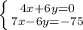 \left \{ {{4x+6y=0} \atop {7x-6y=-75}} \right.