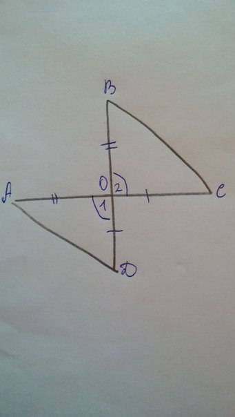 Отрезки ас и bd пересекаются в точке о, оа=ов и ос=оd. докажите, что аd=вс.