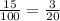 \frac{15}{100} = \frac{3}{20}