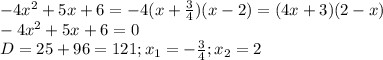 -4 x^{2} +5x+6=-4(x+ \frac{3}{4} )(x-2)=(4x+3)(2-x)\\&#10;-4 x^{2} +5x+6=0\\&#10;D=25+96=121; x_{1}=- \frac{3}{4} ; x_{2} =2\\