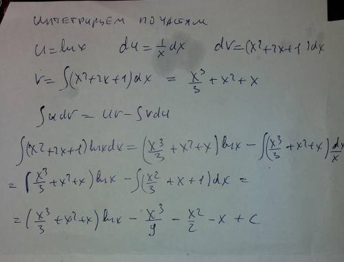 Найти неопределённый интеграл (x^2+2x+1)ln x dx подробно