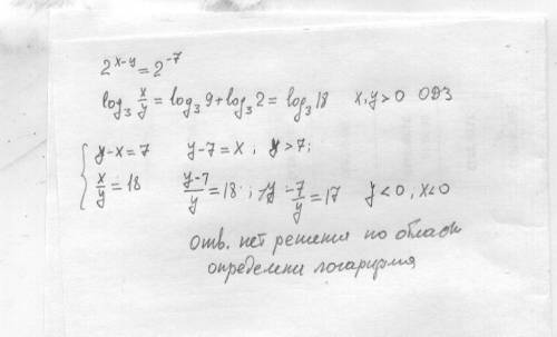 {2^x*2^-y = 1/128 {log(3)x-log(3)y=2+log(3)2 - это система