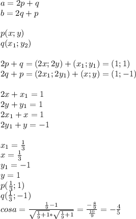 a=2p+q\\&#10;b=2q+p\\&#10;\\&#10;p(x;y)\\&#10;q(x_{1};y_{2})\\&#10;\\&#10;2p+q=(2x;2y)+(x_{1};y_{1})=(1;1)\\&#10;2q+p=(2x_{1};2y_{1})+(x;y)=(1;-1)\\ \\&#10;2x+x_{1}=1\\&#10;2y+y_{1}=1\\&#10;2x_{1}+x=1\\&#10;2y_{1}+y=-1\\ \\&#10;x_{1}=\frac{1}{3}\\ &#10;x=\frac{1}{3}\\&#10;y_{1}=-1\\&#10;y=1\\&#10;p(\frac{1}{3};1)\\ q(\frac{1}{3};-1)&#10;\\&#10;cosa=\frac{\frac{1}{9}-1}{\sqrt{\frac{1}{9}+1}*\sqrt{\frac{1}{9}+1}} = \frac{ - \frac{8}{9}}{\frac{10}{9}} = -\frac{4}{5}