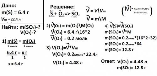 Рассчитать объем кислорода нормального условия, который расходуется при полном сгорании 6.4г. серы.