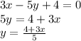 3x-5y+4=0 \\ 5y=4+3x \\ y= \frac{4+3x}{5}