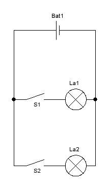Нарисуйте схему соединения батарейки двух лампочек и двух ключей, при котором включение и выключение