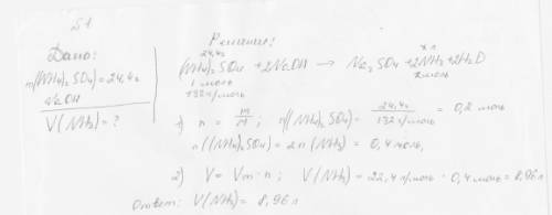 1.какой обьем аммиака выделится,если на аммоний сульфат массой 26.4г подействовать натрий гидроксидо
