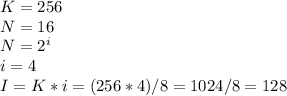 K=256 \\ N=16 \\ N=2^i \\ i=4 \\ I=K*i=(256*4)/8=1024/8=128