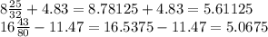 8 \frac{25}{32} +4.83=8.78125+4.83=5.61125 \\ 16 \frac{43}{80} -11.47=16.5375-11.47=5.0675