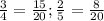 \frac{3}{4} = \frac{15}{20} ; \frac{2}{5}= \frac{8}{20}