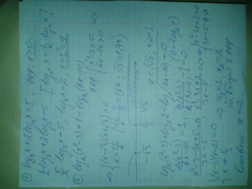 1) log9x+2log3x=5 9 і 3 основа 2) log2(x^2-3)+1=log2(6x-10)