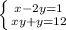 \left \{ {{x-2y=1} \atop {xy+y=12} \right.