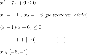 x^2-7x+6 \leq 0\\\\x_1=-1\; ,\; x_2=-6\; (po\; teoreme\; Vieta)\\\\ (x+1)(x+6) \leq 0\\\\+ + + + + [-6] - - - - [-1]+ + + + +\\\\x\in [-6,-1]