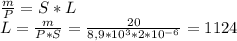 \frac{m}{P}=S*L\\&#10;L=\frac{m}{P*S}=\frac{20}{8,9*10^{3}*2*10^{-6}}=1124