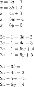 x=2a+1\\&#10;x=3b+2\\&#10;x=4c+3\\&#10;x=5w+4\\&#10;x=6y+5\\&#10;\\&#10;2a+1=3b+2\\&#10;2a+1=4c+3\\&#10;2a+1=5w+4\\&#10;2a+1=6y+5\\&#10;\\&#10;2a-3b=1\\&#10;2a-4c=2\\&#10;2a-5w=3\\&#10;2a-6y=4\\\\&#10;&#10;